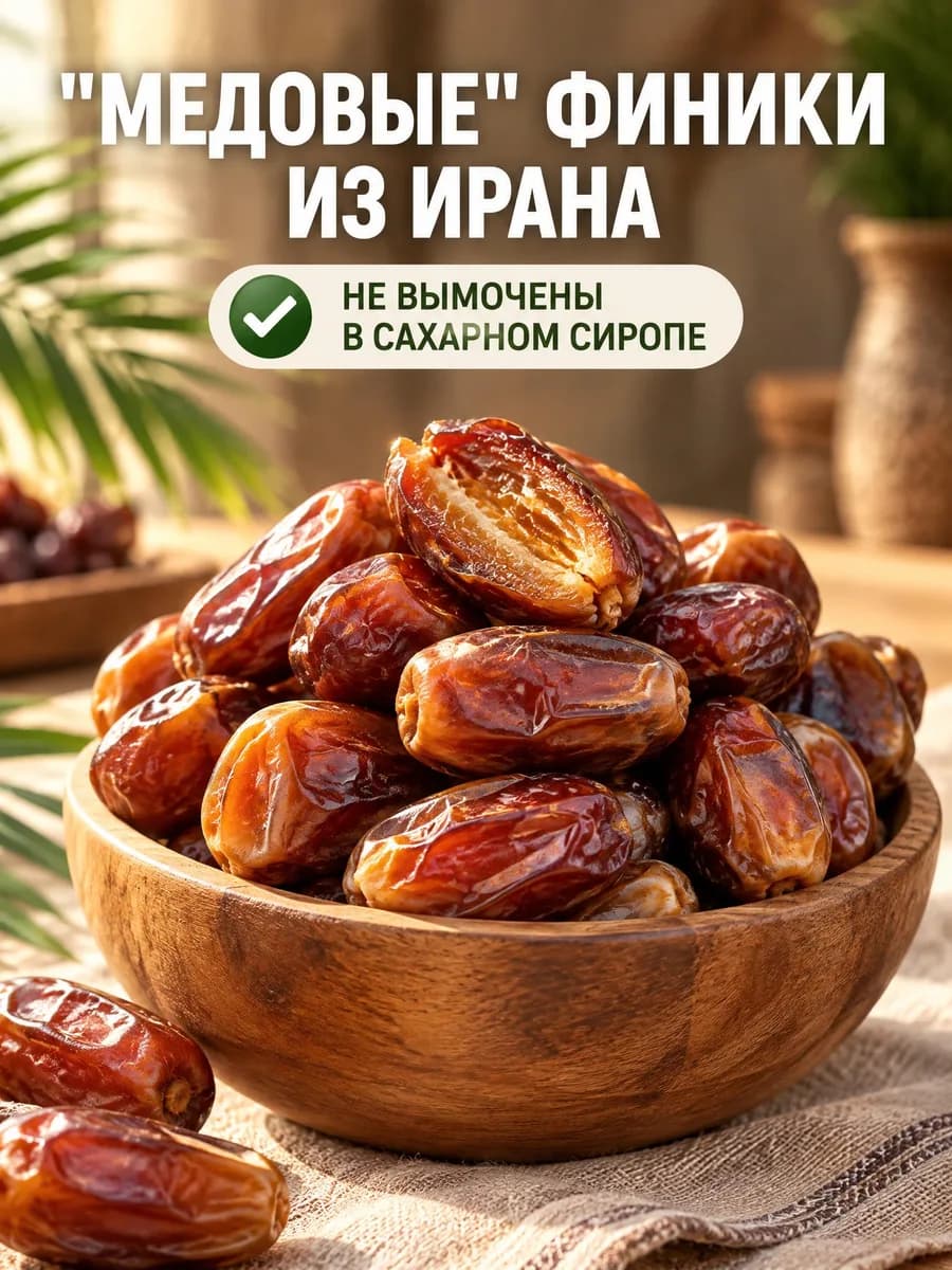 伊朗椰枣成图:木碗中的“МЕДОВЫЕ ФИНИКИ ИЗ ИРАНА”主图
